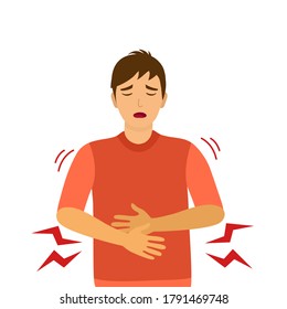 Man Feel Pain In Stomach Concept Vector Illustration On White Background. Diarrhea Or Constipation. Abdomen Disease And Illness In Flat Design.