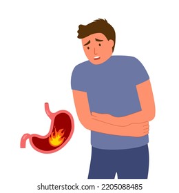 Man Feel Pain In Stomach Vector Illustration. Stomach Acid Reflux Disease And Digestive System Problem. Heartburn Concept.