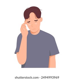 Man feeling anxious or worried. Headache and dizziness due to stress. Mental health problems from depression. Vector illustration