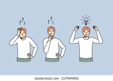 Man feeling confused thinking looking for problem solution. Process of brainstorming and idea generation. Innovation and problem solving. Vector illustration. 