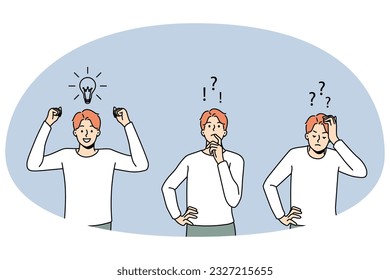 Man feeling confused thinking looking for problem solution. Process of brainstorming and idea generation. Innovation and problem solving. Vector illustration.