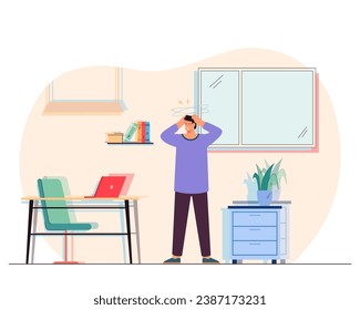 Man feeling disoriented at home. Vector illustration. Man standing in room and holding on head. Vertigo, dizziness, vestibular disorder concept