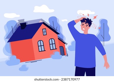 Man feeling disoriented near big house in street. Vector illustration. Vertigo sensation, dizziness, vestibular disorder concept