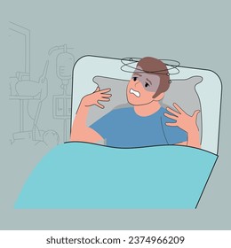 man feeling dizzy and unwell, sick person admitted to a hospital. Illness concept. Vector illustration.
