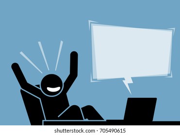 Man feeling excited and happy after seeing the content and announcement from the computer and Internet. He is surprised and raised his hands and laugh happily to express his feeling of success.