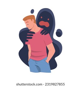 Man Feeling Fear and Anxiety Grasped by Dark Inner Monster Vector Illustration