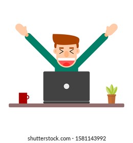 A man is feeling happy when finished his job. He has raised his two arms into the air and has a big smile.