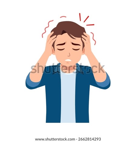 Man feeling headache with hands on head, expressing pain and stress in illustration
