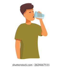Man is feeling hot and thirsty, he is sweating and drinking a glass of fresh water