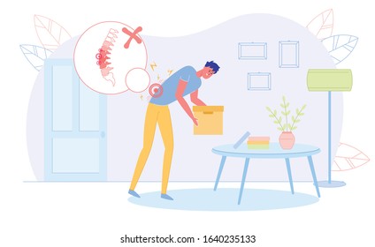 Man Feeling Pain in Back while Putting Box on Table Flat Cartoon Vector Illustration. Medicine Concept. Low Back Pain. Red Spot on Skeleton. Young Guy Having Problems with Health. Room Interior.