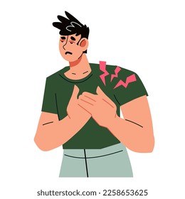 Man feeling pain in heart and chest flat vector illustration Isolated on white background. Heart attack or stroke symptoms, heartache.