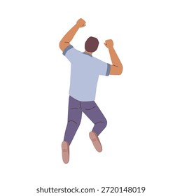 Hombre que siente emociones positivas, carácter masculino aislado que salta o que baila. Vector alegre personaje de dibujos animados de buen sentimiento. Chico expresando contenido y felicidad. Afortunada y afortunada persona, vista posterior