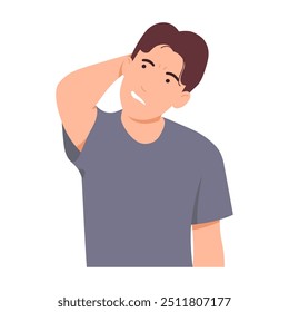 Homem se sentindo intrigado pela dúvida. Uma pessoa confusa coçando a cabeça. Ilustração vetorial isolada sobre fundo branco.