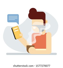 Man feeling relax sipping coffee in the morning holding mobile phone and chatting abstract vector illustration in flat design. lifestyle modern and clean graphic design character.