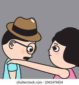 Man Feeling Sad But Understand When His Girlfriend With Her Very Long Hand On His Shoulder Needs Space In A Relationship Concept Card Character illustration