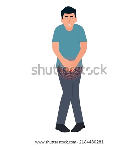 Man feeling severe pain in the lower abdomen. Bladder disease. Pain during cystitis, urethritis, incontinence or other problems of the urethra. Symptoms of prostatitis.Isolated, vector illustration