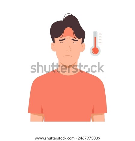 Man feeling sick with high fever, suffering from influenza uses, thermometer to measure. Vector illustration isolated on white background.