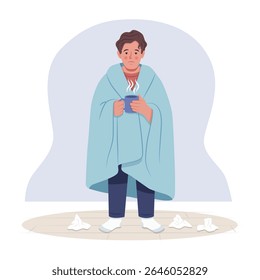 Man feeling sick Staying Warm with blanket