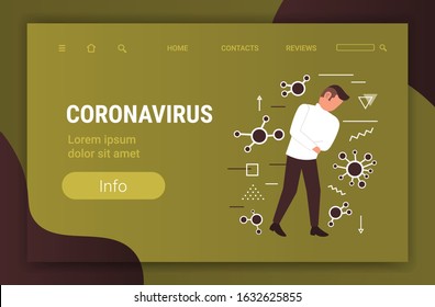 man feeling sickness epidemic MERS-CoV bacteria floating influenza virus cells wuhan coronavirus 2019-nCoV pandemic medical health risk full length horizontal copy space vector illustration