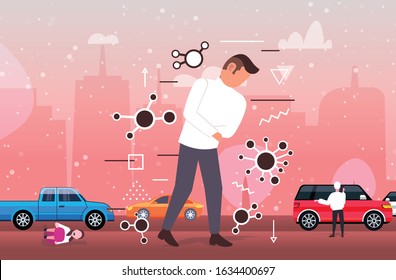 man feeling sickness epidemic MERS-CoV bacteria floating influenza virus cells wuhan coronavirus 2019-nCoV pandemic medical health risk full length horizontal cityscape vector illustration