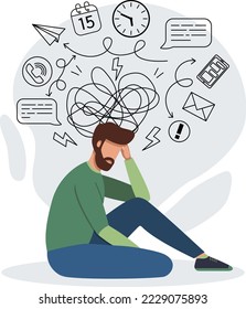 Man feeling stress because of too much work. Multitasking, burnout, depression or frustration concept