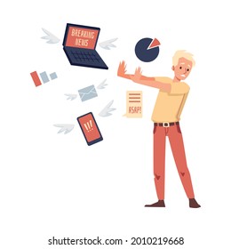 Man feeling stressed of news overloading, flat vector illustration isolated on white background. Exhausted upset man cartoon character reflecting news stream attack.