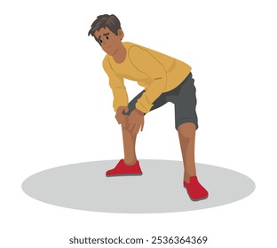 Hombre que siente dolor fuerte en la rodilla. Carácter masculino que toca la pierna, problema de salud, síntomas de la enfermedad y enfermedad malsana del cuerpo. Resultado de trotar o trauma, lesión en las extremidades. Ilustración vectorial de Personas de dibujos animados