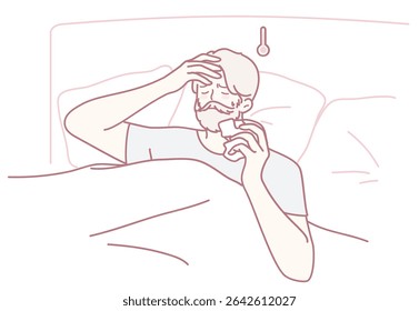 Um homem está se sentindo mal enquanto está deitado na cama, segurando um termômetro e alguns medicamentos, mostrando sinais de doença