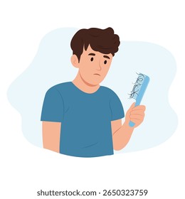 Man feeling upset because of hair loss.Guy holding a comb with a strand of hair. Vector illustration
