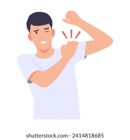 Man feels acute shoulder muscle pain, hard worker has office syndrome. male raises his arm and has pain in his arm from lifting a heavy object. Flat vector illustration.