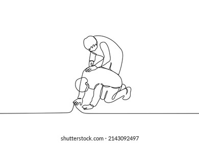 man feels bad and second one worries about him stroking his back - one line drawing vector. ambulance concept, comfort crying sobbing man, worry and care for someone