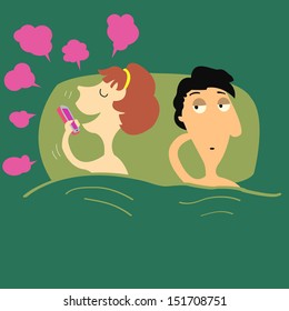 Man feels bored on bed when his lover keep chatting on phone at night time. Social network addiction concept. 