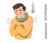Man feels cold. Person in scarf is freezing from cold. Illustration.