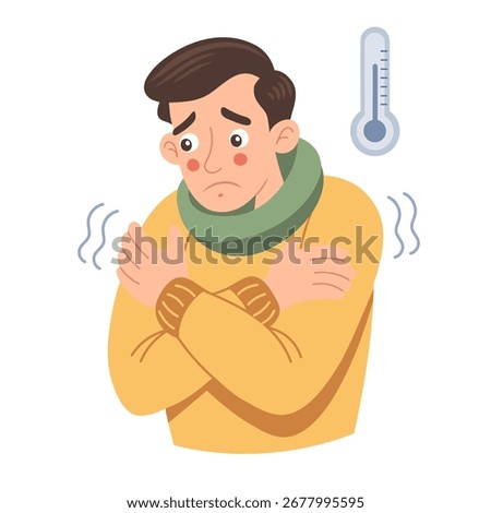Man feels cold. Person in scarf is freezing from cold. Illustration.