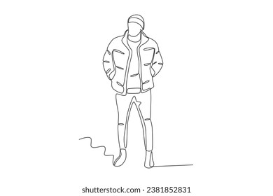 Un hombre se siente frío usando una chaqueta gruesa. Dibujo de una línea de conjunto de invierno