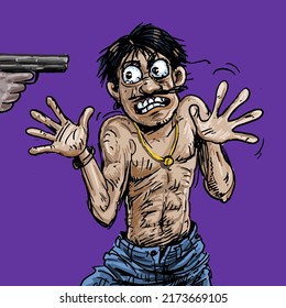 Man feels feared hands up when someone points a gun at him.
