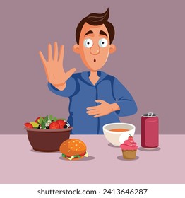 
Man Feels he Can no Longer Eat Vector Cartoon Illustration. Guy feeling like no appetite disliking all foods
