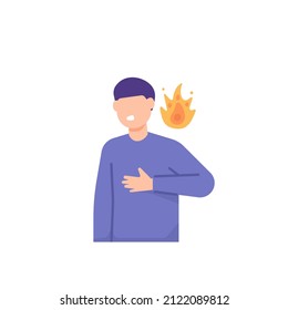 un hombre se siente como una quema en el pecho. dolor torácico. síntomas de ERG, úlcera péptica, inflamación, infarto de miocardio, lesión muscular. problemas de salud. caricatura plana. diseño de ilustración de caracteres de personas