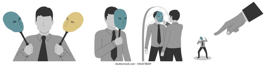 A man feels like a pretender or a deceiver who hides his face under a mask. Dissociative identity disorder. Imposter syndrome character set.