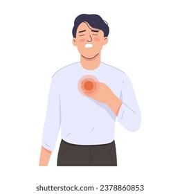 The man feels a pain in his chest. His hand touched his heart. Hand drawn vector character illustration. Isolated on white background.