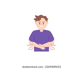 a man feels pain in his stomach. stomachache and digestive organs problems. symptoms of ulcer disease, food poisoning, stomach flu, inflammatory bowel. health problems. illustration design of person's
