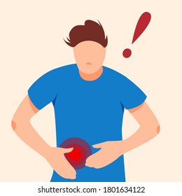 A Man Feels Pain In The Lower Abdomen Vector Illustration. Gastritis, Appendicitis, Ulcer, Diarrhea, Cancer Background. Medical Banner Stomach, Colon Ache In Flat Cartoon Style.