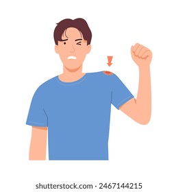 Man feels sharp pain in his shoulder From lifting heavy things. Flat vector illustration.