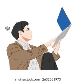 A man feels stressed because he gets a blue screen error on his laptop