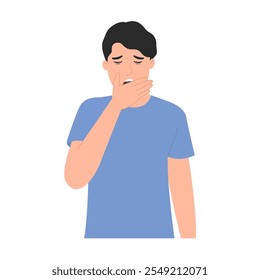 Man feels very sleepy and tired and lazy to get up. body is exhausted. Yawning from lack of sleep. male feels bored and lacks energy. Vector illustration 