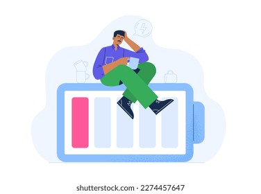 A man feels weak and tired. Low energy level. Emotion exhaustion and burnout at work. Vector flat illustration isolated on the white background.