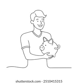 Man Felix holds a piggy bank. Concept of saving finances One line continuous line art vector illustration on white background