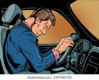 A man fell asleep in a car while driving. Fatigue from overwork and incredible workload. The danger of inattention and negligence on the roads. Pop Art Retro Vector Illustration Kitsch Vintage 50s 60s