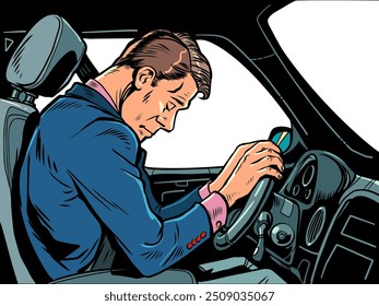 A man fell asleep in a car while driving. Fatigue from overwork and incredible workload. The danger of inattention and negligence on the roads. Pop Art Retro Vector Illustration Kitsch Vintage 50s 60s