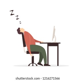 Man fell asleep at computer on workplace, illustration.